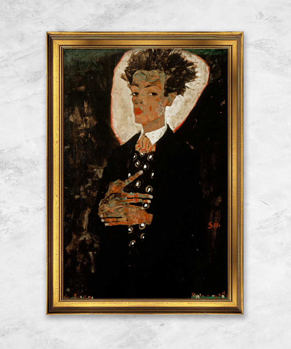 "Selbstbildnis mit Pfauenweste, stehend" | Egon Schiele