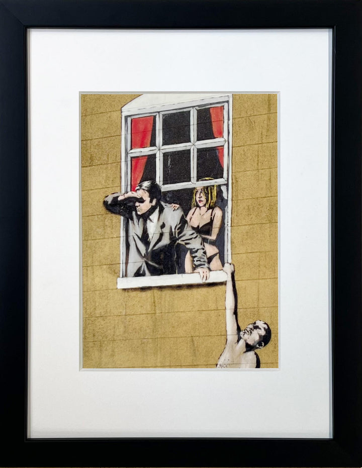 "Naked Man Hanging from Window" - Banksy Miniprint