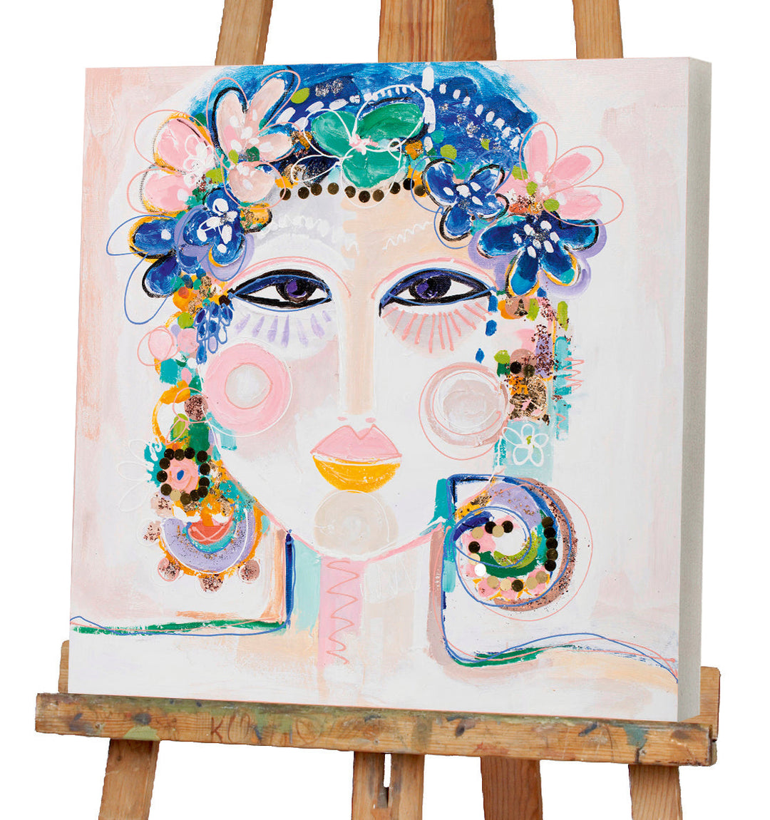 Blumenmädchen mit wachen Augen – Handgemaltes Acrylgemälde