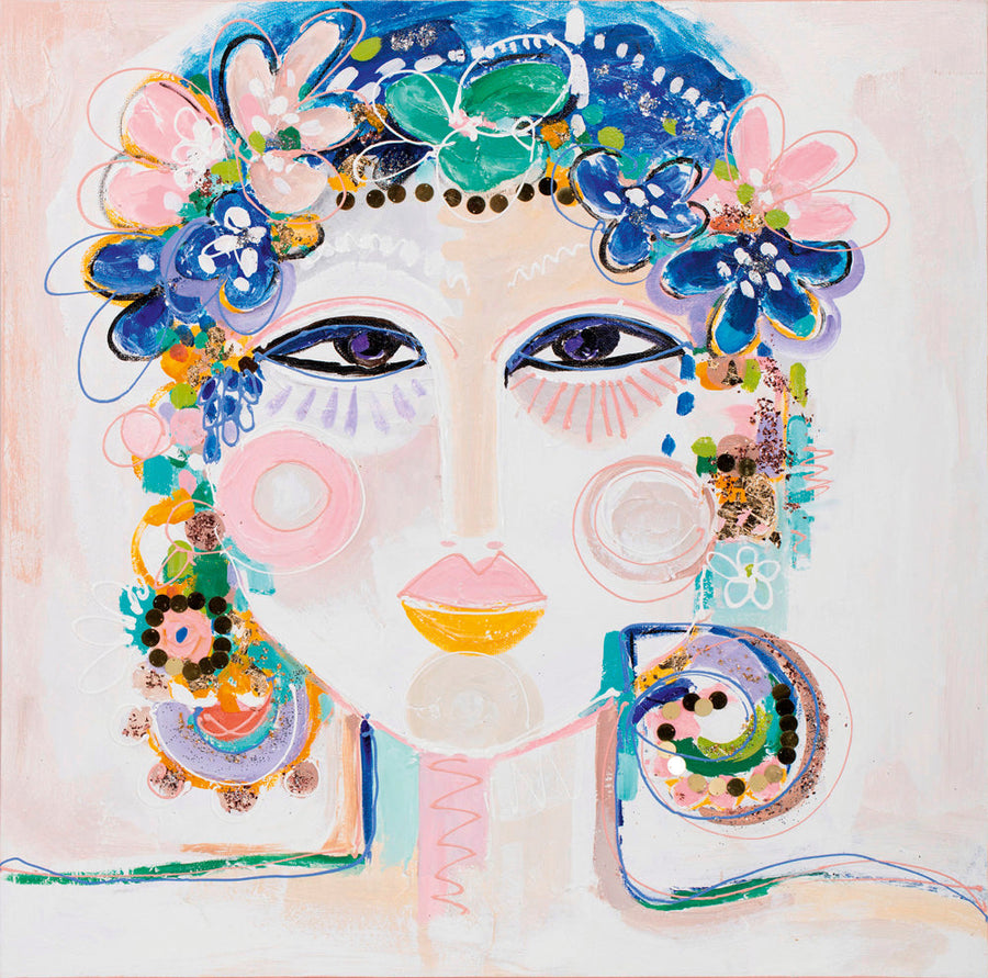 Blumenmädchen mit wachen Augen – Handgemaltes Acrylgemälde