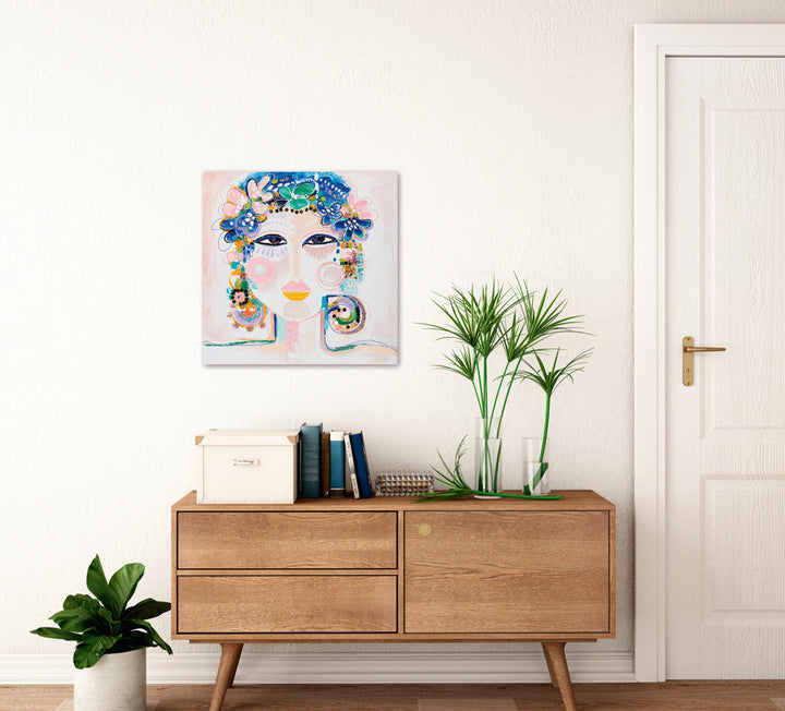 Blumenmädchen mit wachen Augen – Handgemaltes Acrylgemälde