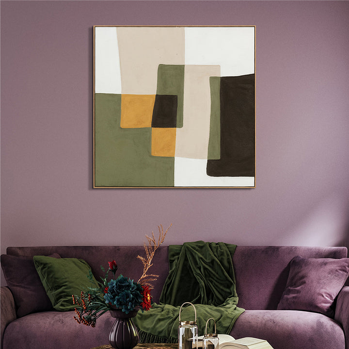 Olive Balance (100 x 100 cm) – Handveredelter Kunstdruck auf Leinwand