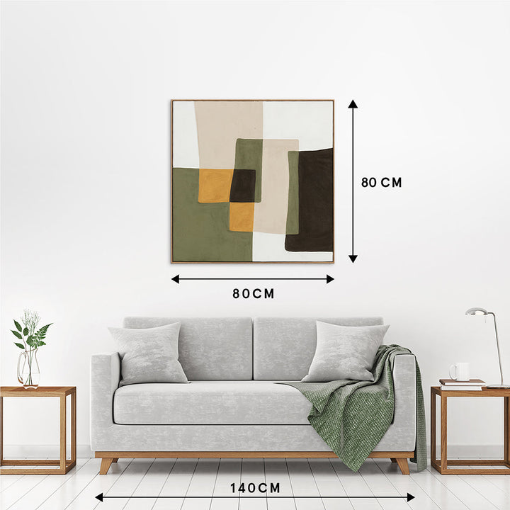 Olive Balance (100 x 100 cm) – Handveredelter Kunstdruck auf Leinwand