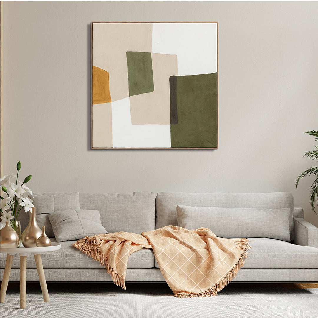 Olive Balance (100 x 100 cm) – Handveredelter Kunstdruck auf Leinwand
