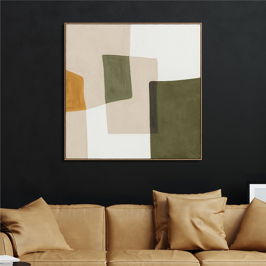 Olive Balance (100 x 100 cm) – Handveredelter Kunstdruck auf Leinwand