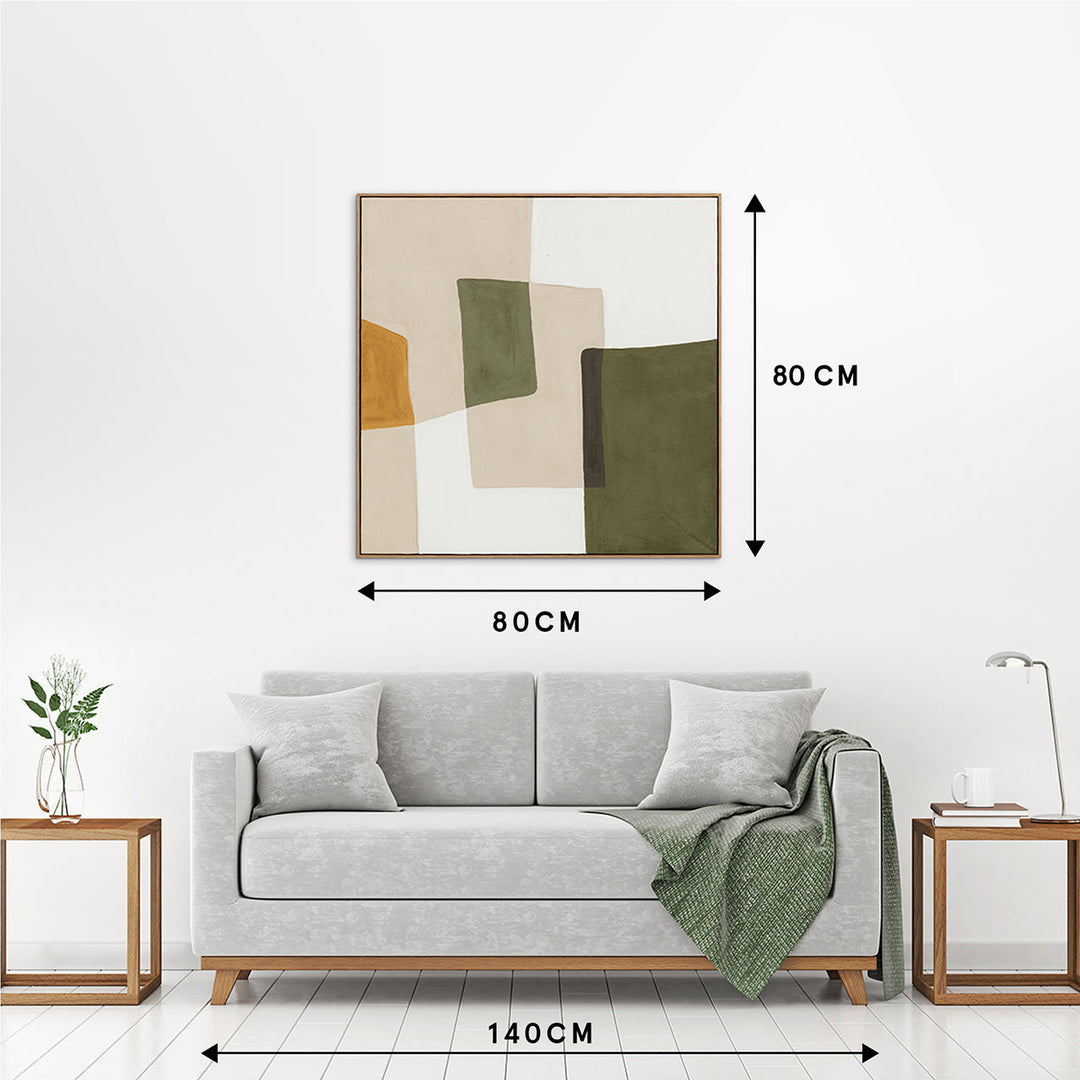 Olive Balance (100 x 100 cm) – Handveredelter Kunstdruck auf Leinwand