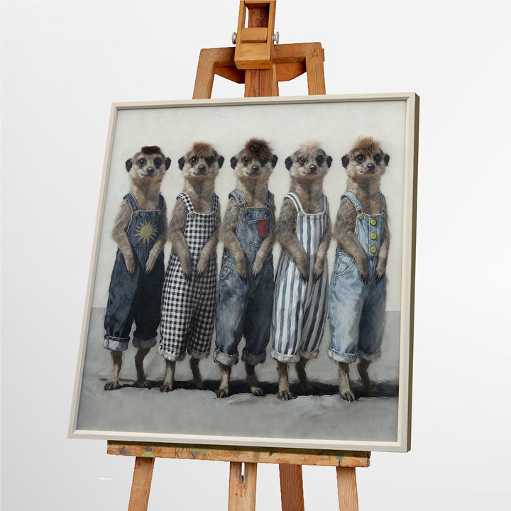 Kunstfell Erdmännchen Fashion Week – Gemälde mit Kunstfell-Applikationen