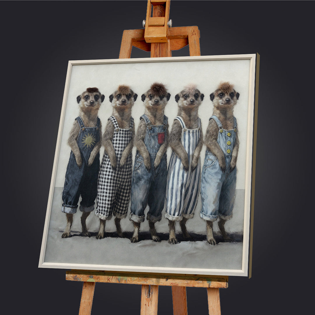 Kunstfell Erdmännchen Fashion Week – Gemälde mit Kunstfell-Applikationen