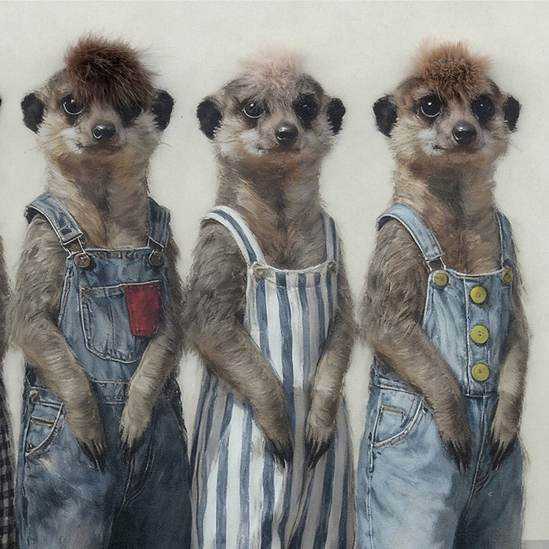 Kunstfell Erdmännchen Fashion Week – Gemälde mit Kunstfell-Applikationen