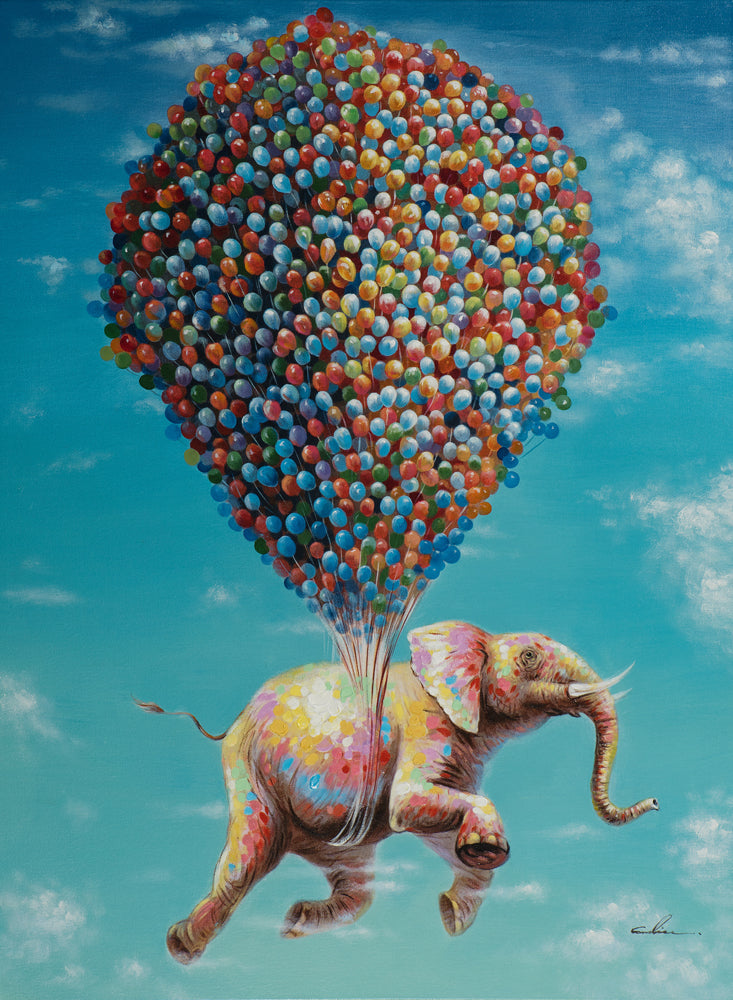 Fliegender Elefant (40 x 60 cm) – Handveredelter Kunstdruck auf Leinwand