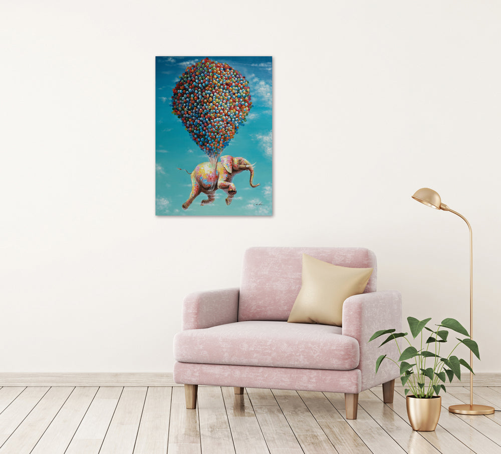 Fliegender Elefant (40 x 60 cm) – Handveredelter Kunstdruck auf Leinwand