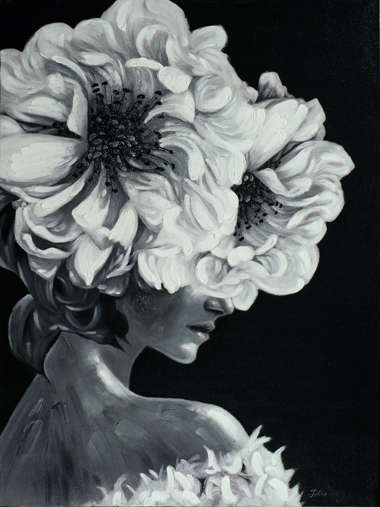 Lady mit Blumen in schwarz weiß
