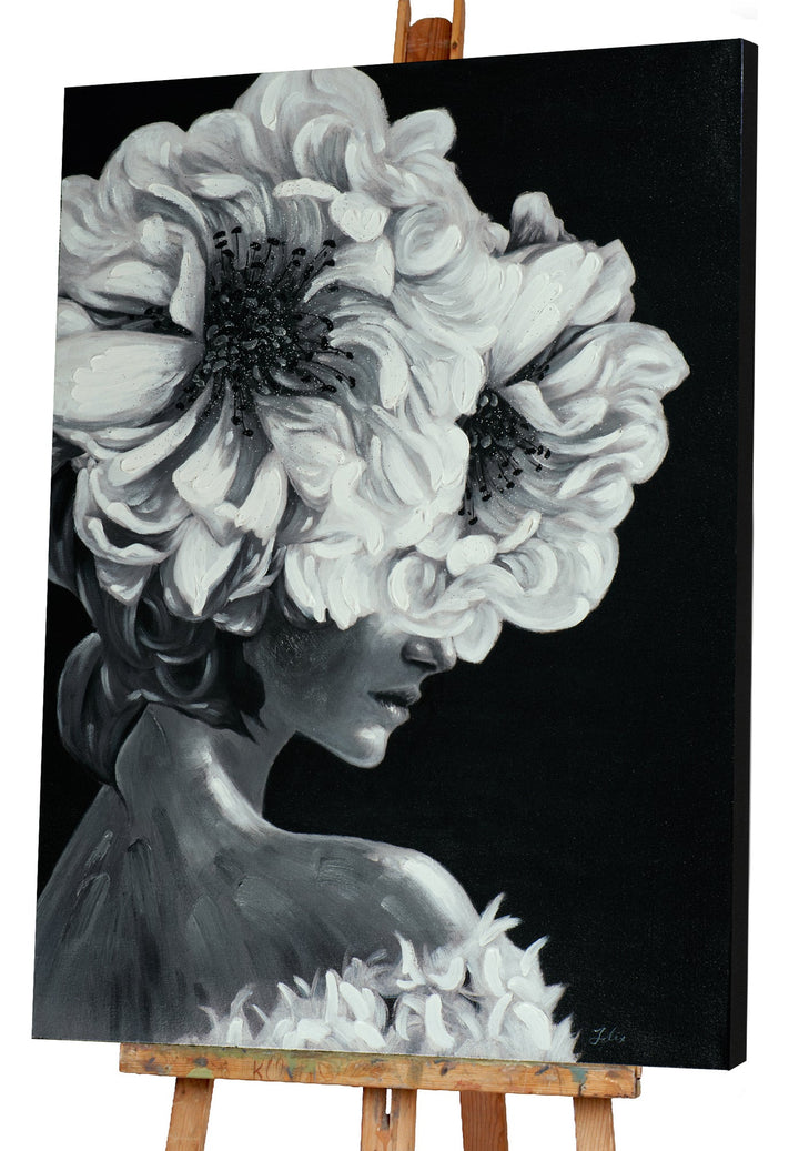 Lady mit Blumen in schwarz weiß