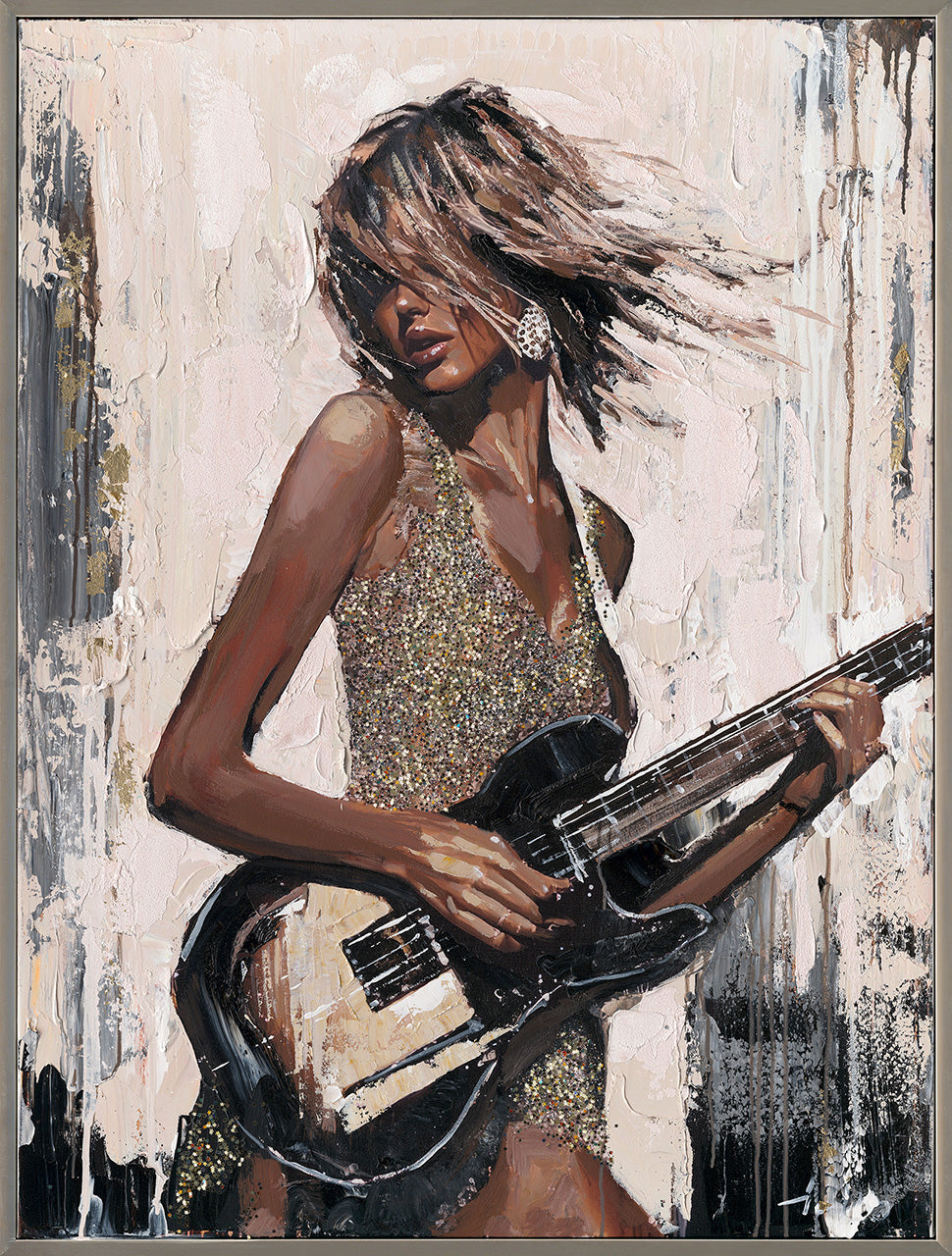 Black Guitar Girl – Handveredelter Kunstdruck auf Leinwand