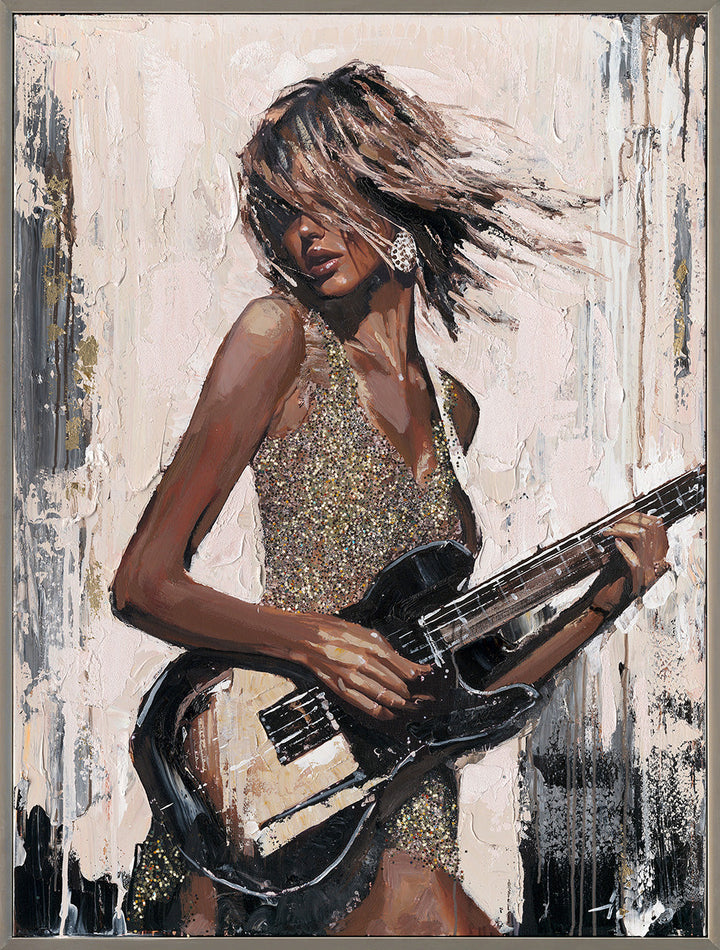 Black Guitar Girl – Handveredelter Kunstdruck auf Leinwand