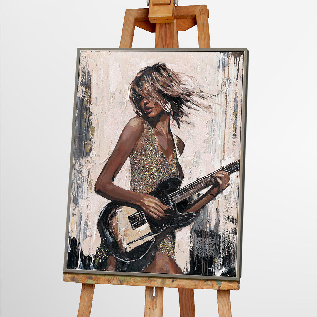 Black Guitar Girl – Handveredelter Kunstdruck auf Leinwand