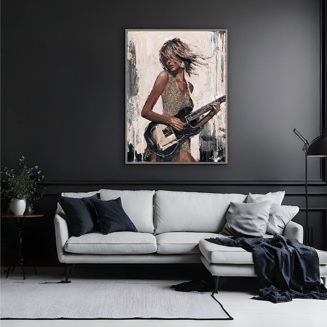 Black Guitar Girl – Handveredelter Kunstdruck auf Leinwand