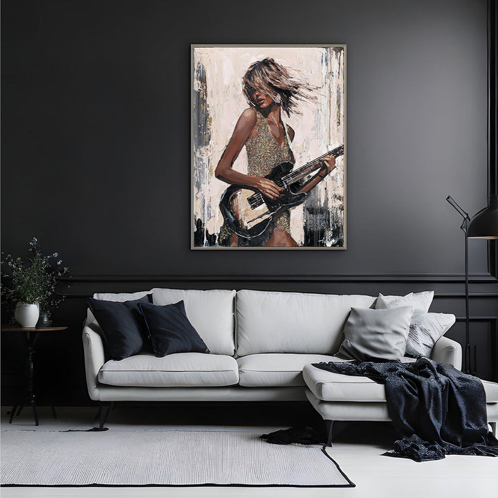 Black Guitar Girl – Handveredelter Kunstdruck auf Leinwand