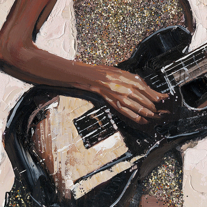 Black Guitar Girl – Handveredelter Kunstdruck auf Leinwand