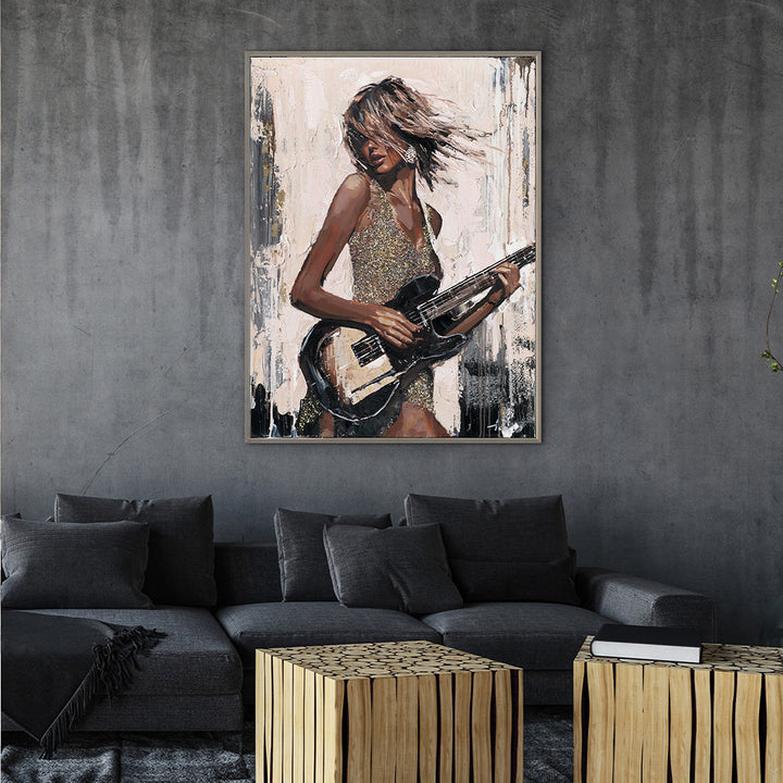 Black Guitar Girl – Handveredelter Kunstdruck auf Leinwand
