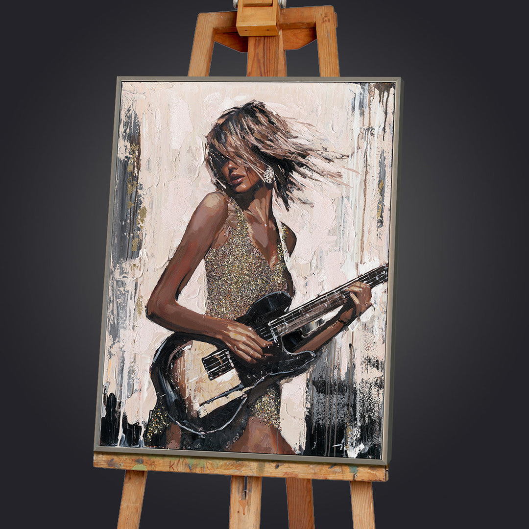 Black Guitar Girl – Handveredelter Kunstdruck auf Leinwand