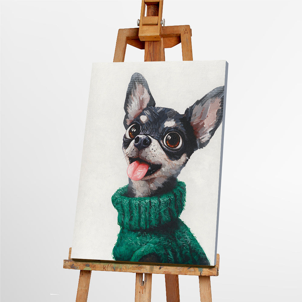 Small Dog, Huge Drama – Handveredelter Kunstdruck auf Leinwand