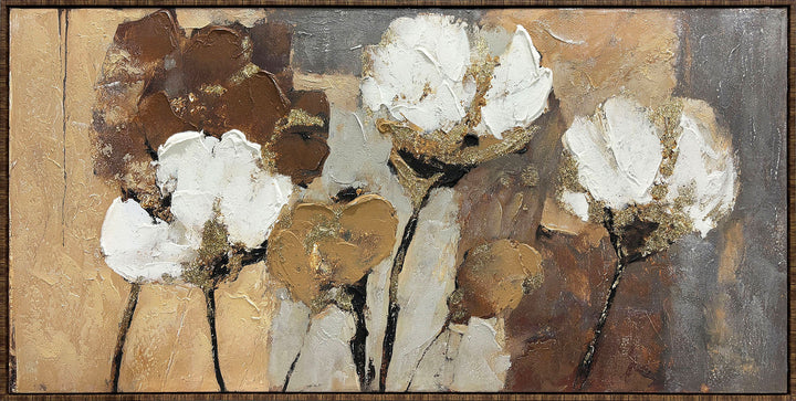 Golden Cotton Flowers – Handveredelter Kunstdruck auf Leinwand