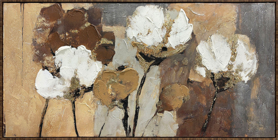 Golden Cotton Flowers – Handveredelter Kunstdruck auf Leinwand