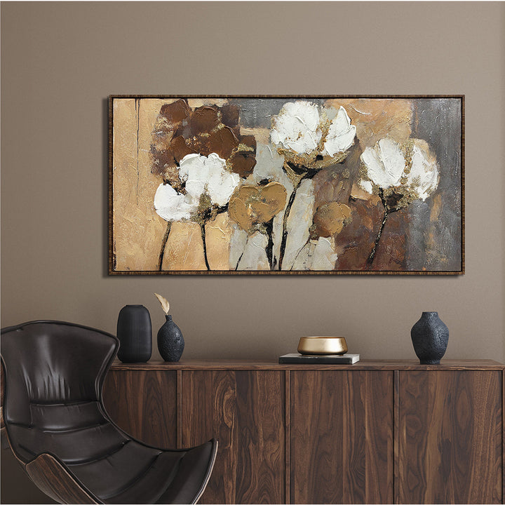Golden Cotton Flowers – Handveredelter Kunstdruck auf Leinwand