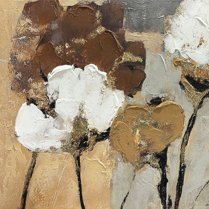 Golden Cotton Flowers – Handveredelter Kunstdruck auf Leinwand