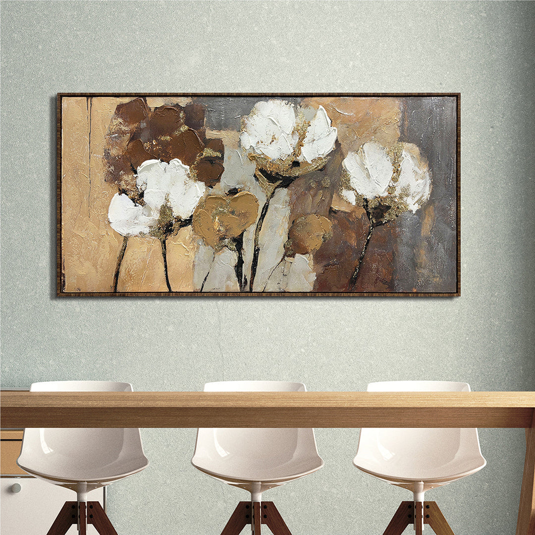 Golden Cotton Flowers – Handveredelter Kunstdruck auf Leinwand