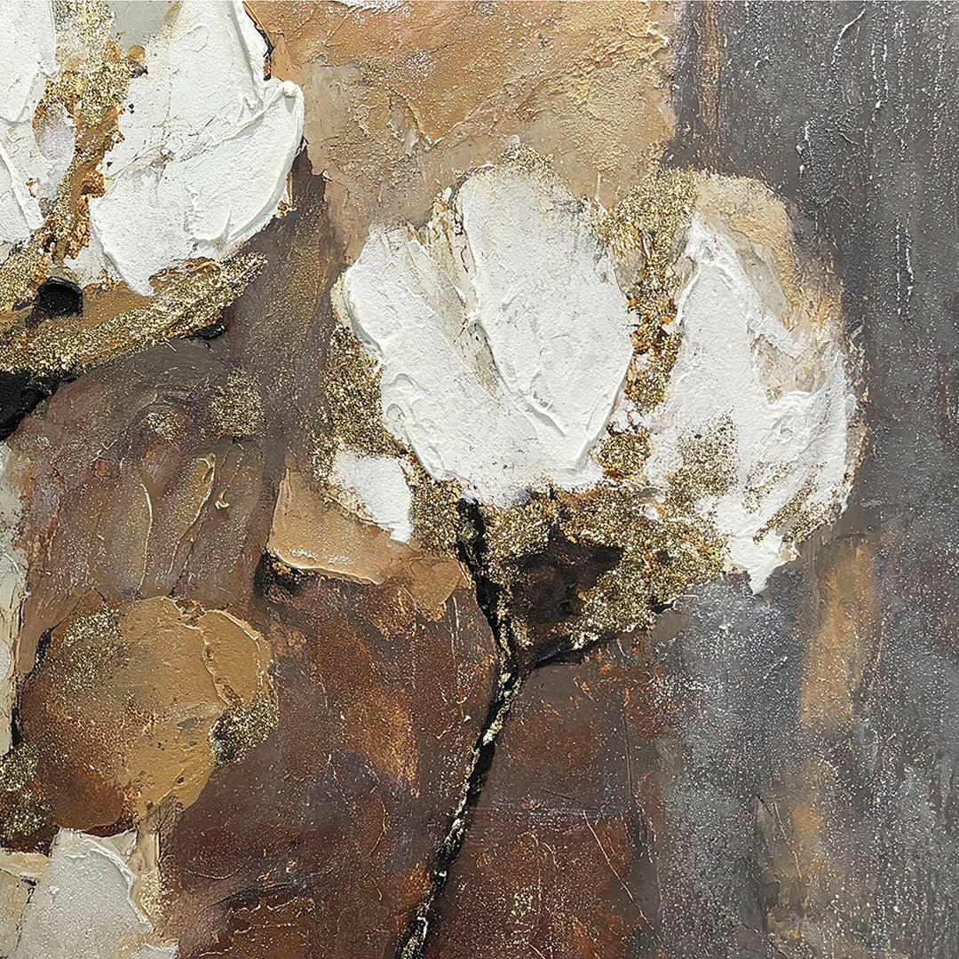 Golden Cotton Flowers – Handveredelter Kunstdruck auf Leinwand