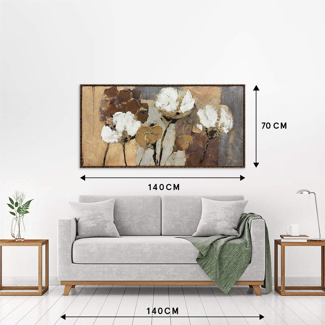 Golden Cotton Flowers – Handveredelter Kunstdruck auf Leinwand