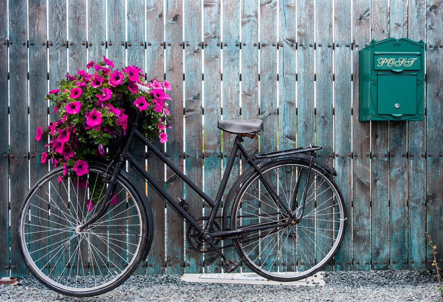 Akustikbild Slim Fahrrad mit Blumendeko (80 x 120 cm) – Handveredelter Kunstdruck auf Leinwand