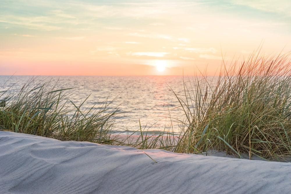 Akustikbild Slim Sonnenuntergang am Strand 1 (80 x 120 cm) – Handveredelter Kunstdruck auf Leinwand