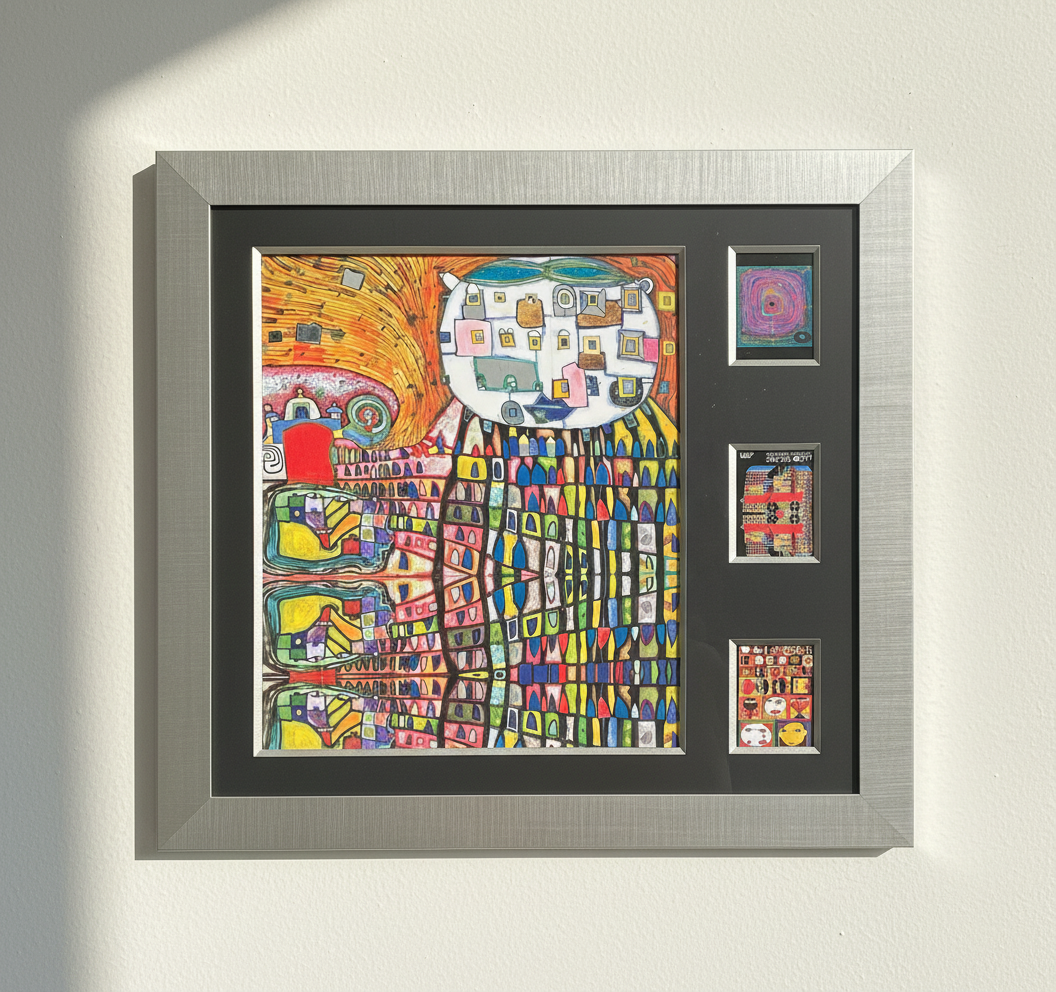 "Hundertwasser Collage - XL" | Friedensreich Hundertwasser mit Rahmen