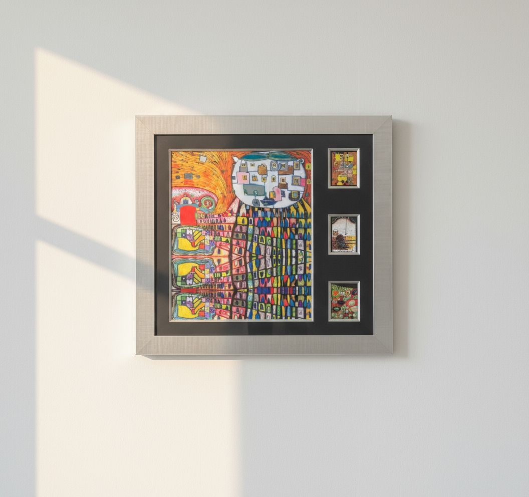 "Hundertwasser Collage - XL" | Friedensreich Hundertwasser mit Rahmen
