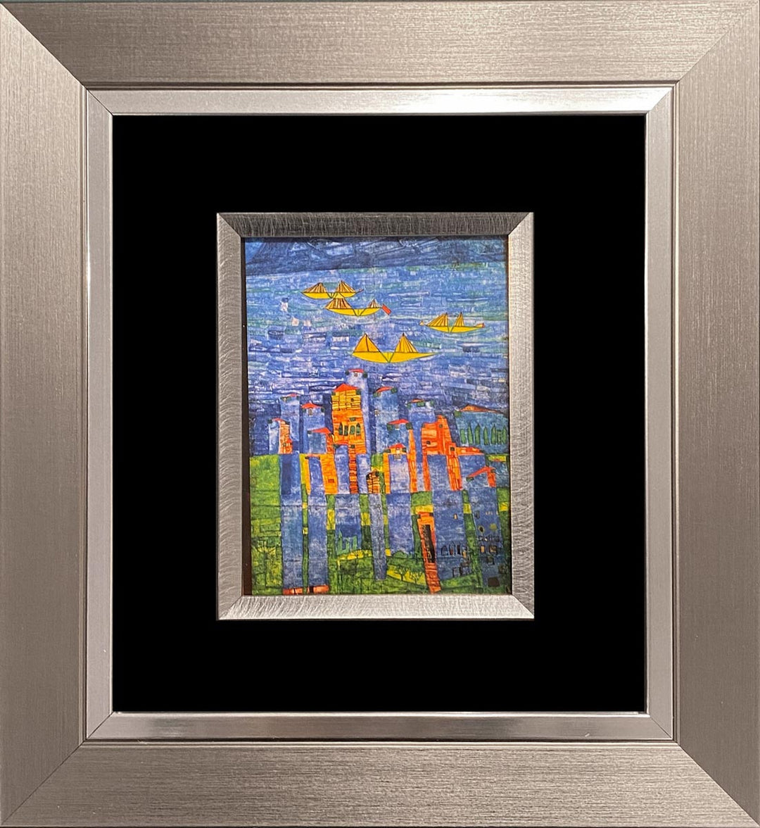 "Gelbe Schiffe-Das Meer von Tunis und Taormina" | Friedensreich Hundertwasser Miniprint mit Rahmen