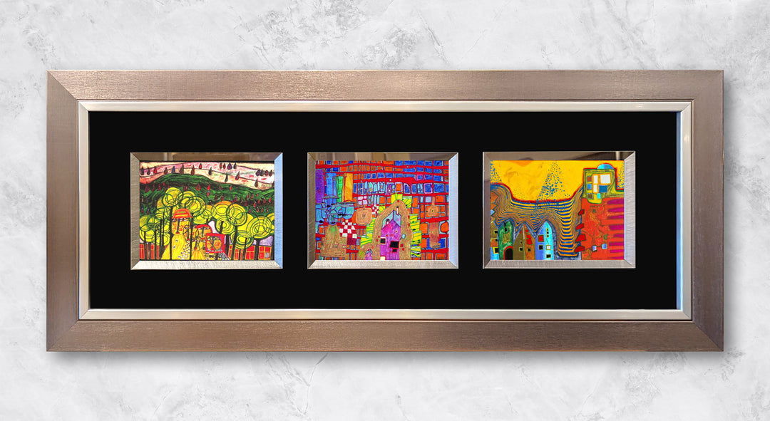 "Hundertwasser Collage - quer I" | Friedensreich Hundertwasser Miniprint mit Rahmen