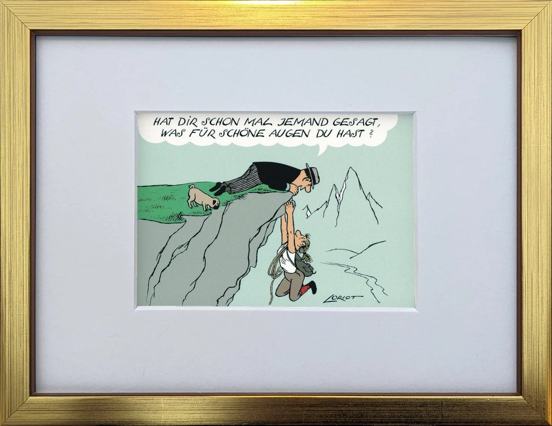Loriot „Hat dir schon mal jemand gesagt…“ als gerahmter Miniprint im goldenen Holzrahmen mit Passepartout