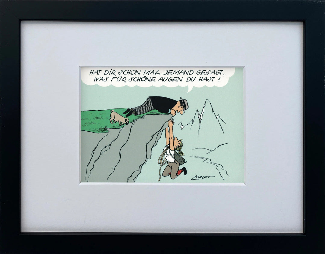 Loriot „Hat dir schon mal jemand gesagt…“ als gerahmter Miniprint im schwarzen Holzrahmen mit Passepartout