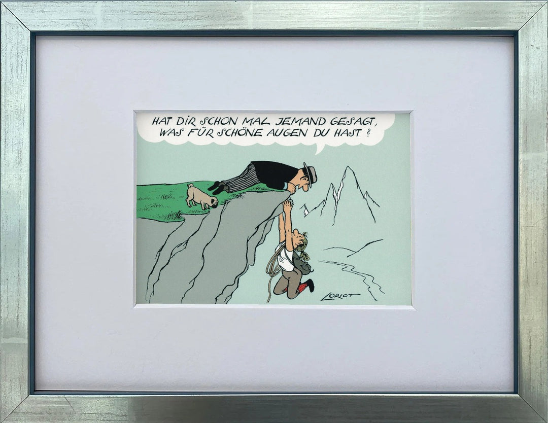 Loriot „Hat dir schon mal jemand gesagt…“ als gerahmter Miniprint im silbernen Holzrahmen mit Passepartout