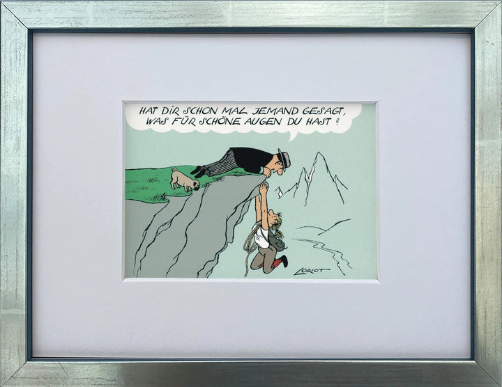 Loriot „Hat dir schon mal jemand gesagt…“ als gerahmter Miniprint im silbernen Holzrahmen mit Passepartout