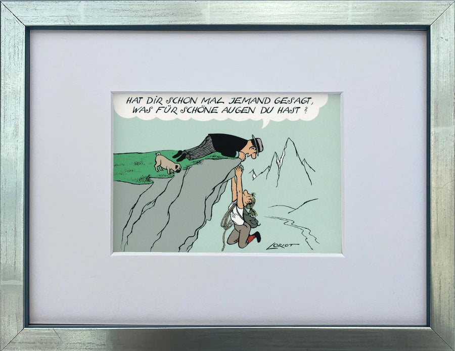Loriot „Hat dir schon mal jemand gesagt…“ als gerahmter Miniprint im silbernen Holzrahmen mit Passepartout