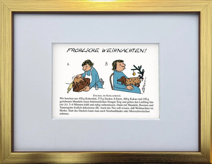 Loriot „Frohe Weihnachten“ als gerahmter Miniprint im goldenen Holzrahmen mit Passepartout