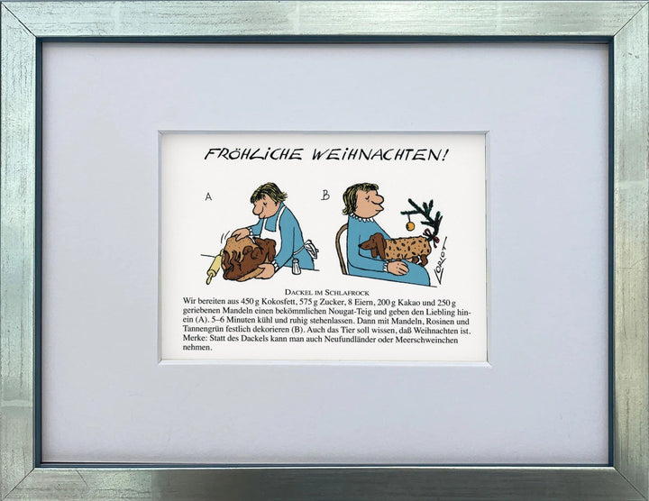 Loriot „Frohe Weihnachten“ als gerahmter Miniprint im silbernen Holzrahmen mit Passepartout