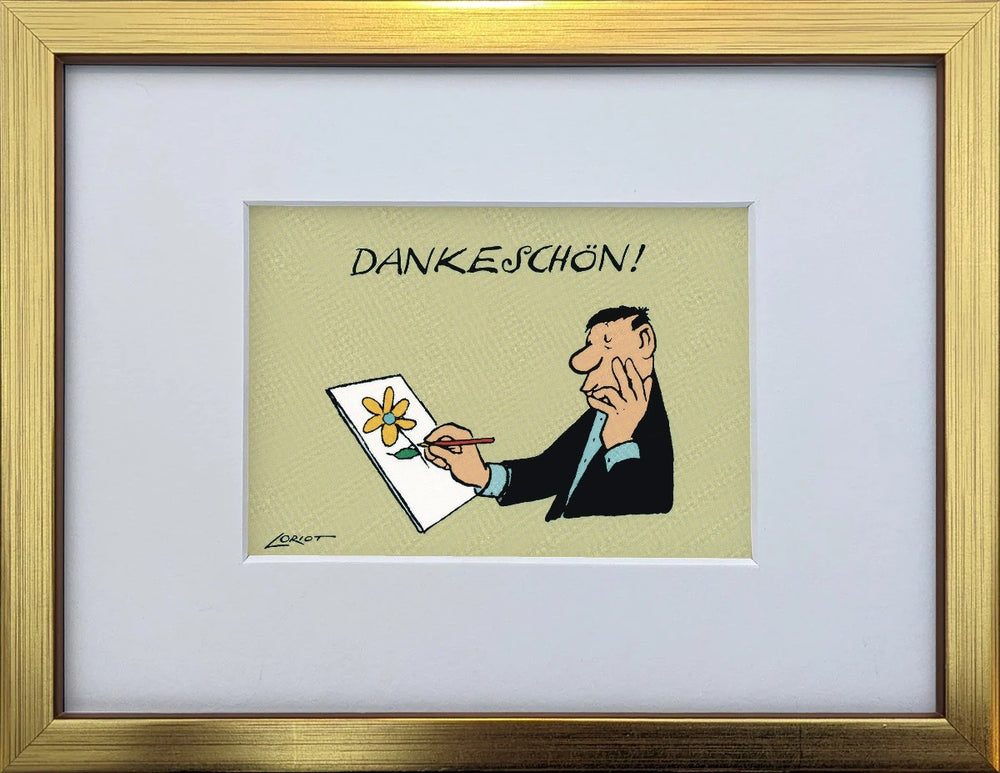 Loriot „Dankeschön!“ als gerahmter Miniprint im goldenen Holzrahmen mit Passepartout