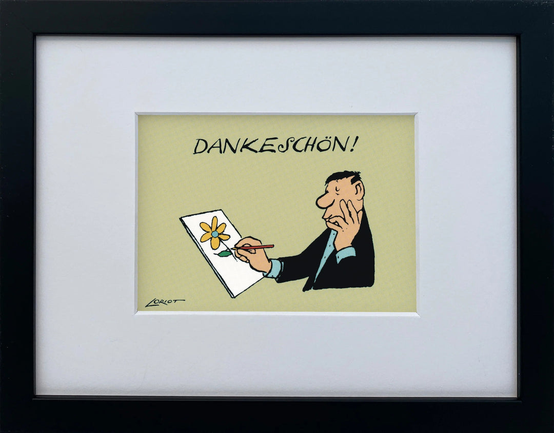 Loriot „Dankeschön!“ als gerahmter Miniprint im schwarzen Holzrahmen mit Passepartout