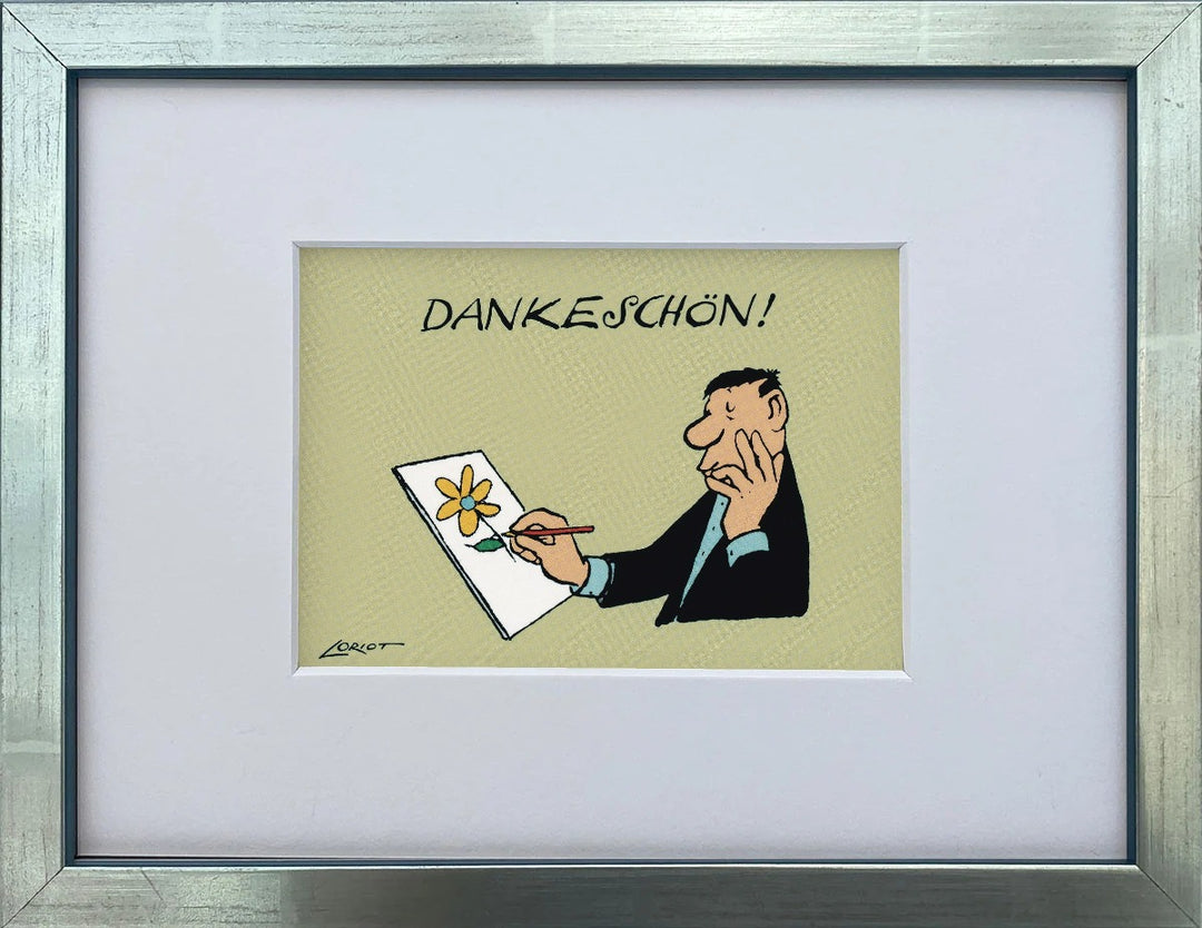 Loriot „Dankeschön!“ als gerahmter Miniprint im silbernen Holzrahmen mit Passepartout