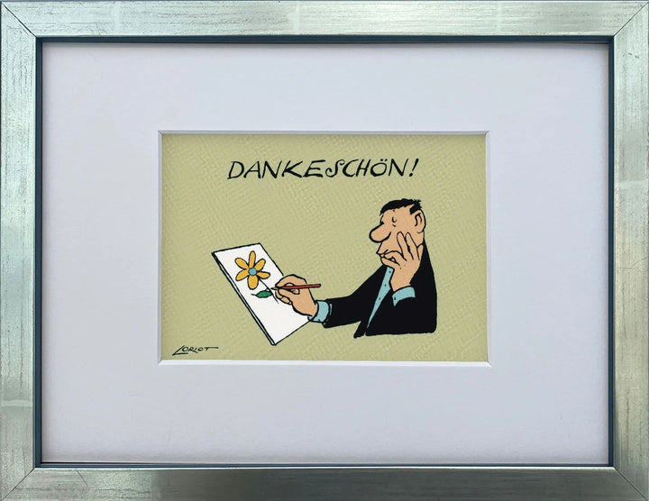 Loriot „Dankeschön!“ als gerahmter Miniprint im silbernen Holzrahmen mit Passepartout